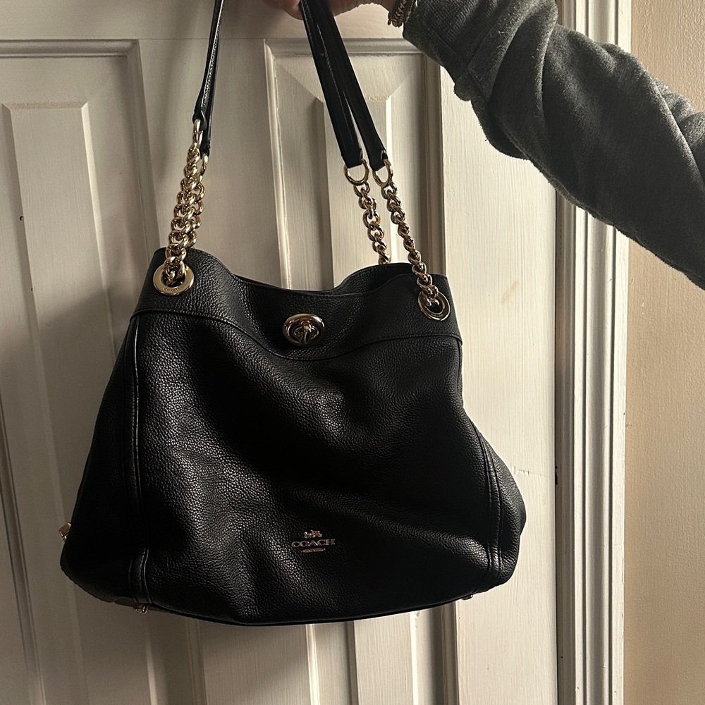 Coach Black Leather Shoulder Bag with Gold Chain Straps